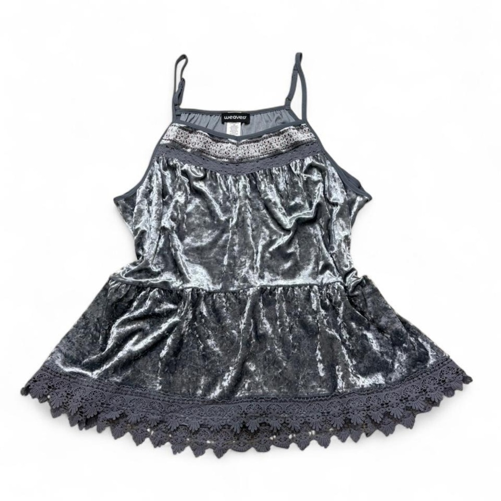 Weavers silver crushed velvet babydoll camisole lace trim adjustable straps XXL